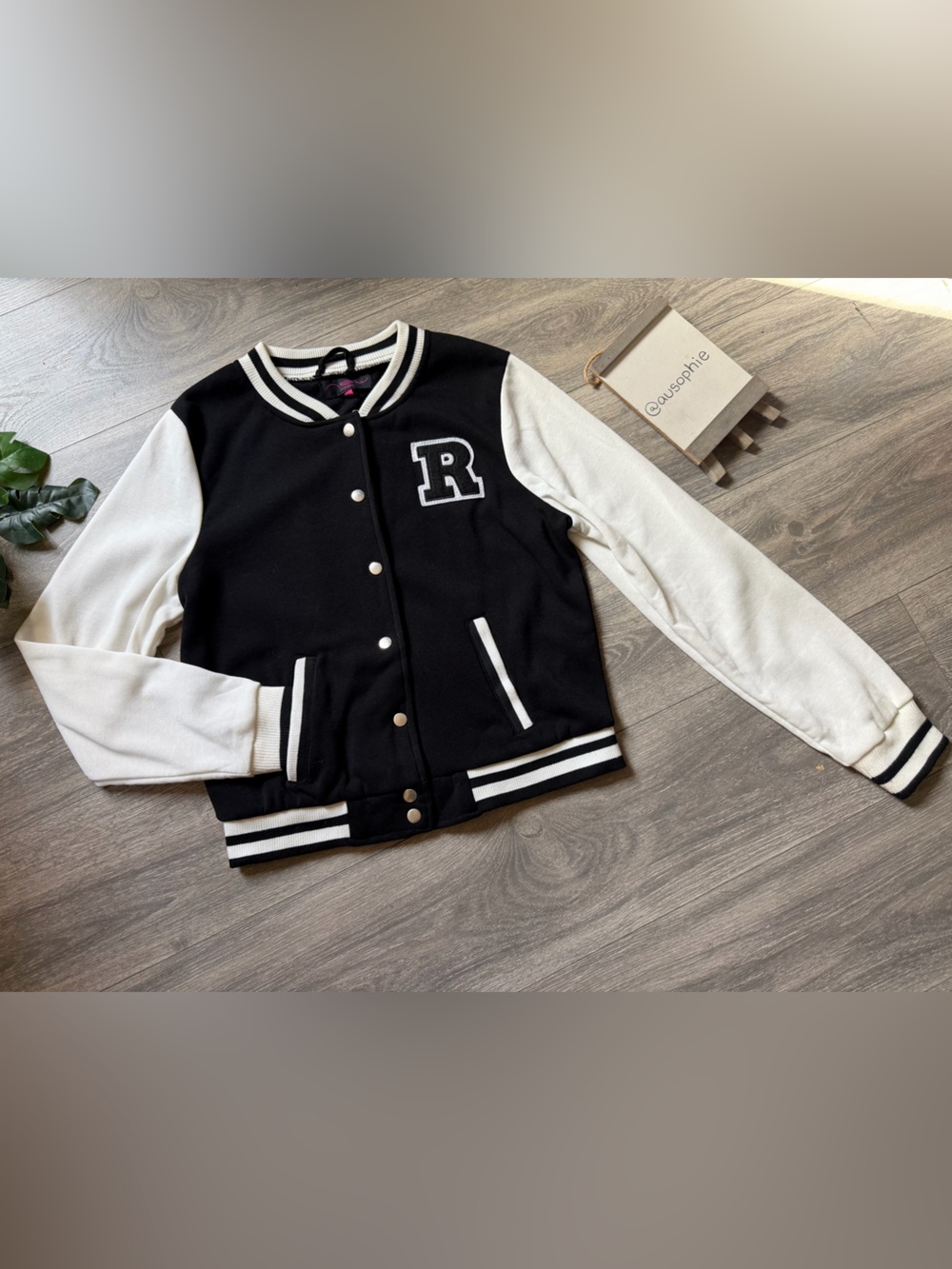 New Look Classic Knit Black & White Varsity Jacket with 'R' Patch. Size L